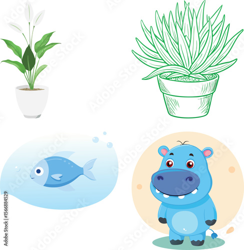 Art of cartoon plants, a fish, and a hippo are isolated on white background