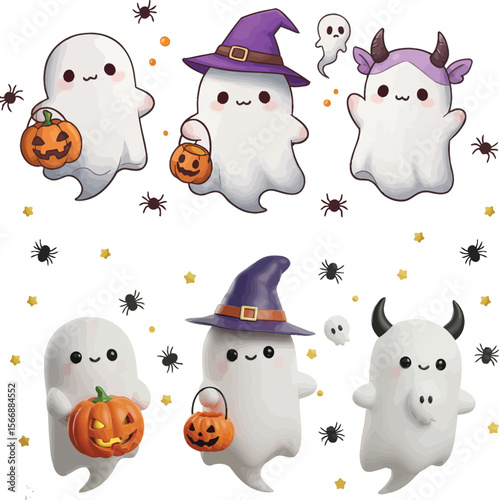 Cute Halloween Ghosts in Celebration: A collection of adorable ghosts, ready for a festive Halloween, each sporting unique accessories like a pumpkin, witch hat or horns.