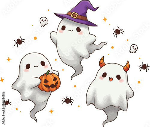 Spooky Companions: A playful gathering of charming cartoon ghosts, a pumpkin, and a witch hat, with friendly smiles amid decorative spider and stars, designed to evoke smiles and joy.