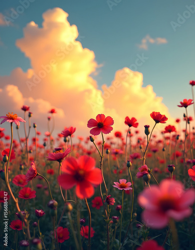 Vibrant red cosmos flowers bloom under a beautiful sky filled with fluffy clouds.