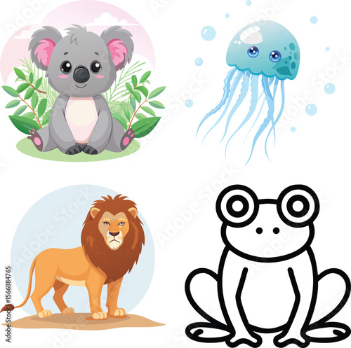 Art of a cute koala, jellyfish, lion, and frog are isolated on white background