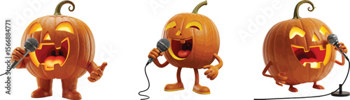 Jack-o'-Lanterns' Performance: A trio of jovial jack-o'-lanterns take center stage, each gripping a microphone, poised to deliver a spirited performance under the spotlight.