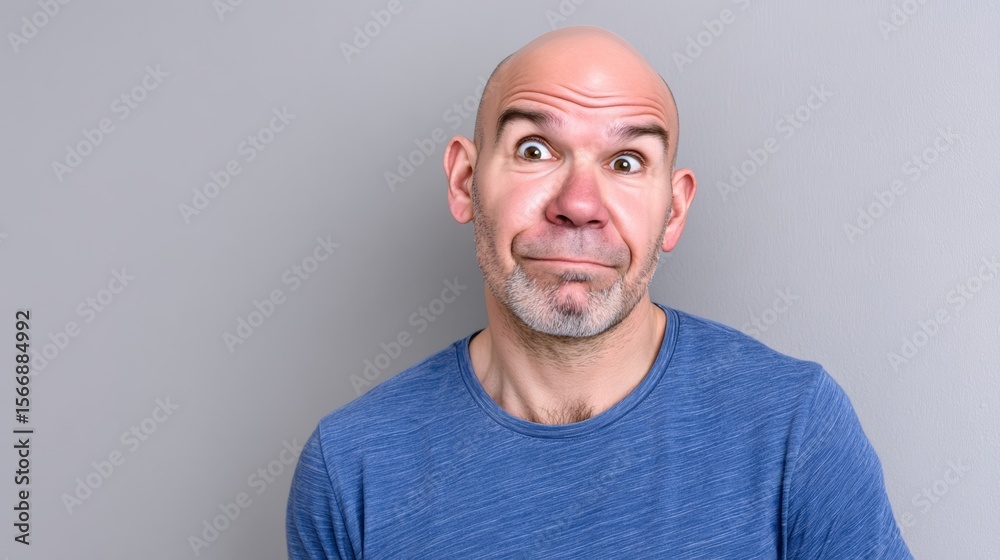 Fototapeta premium Man with a bald head and a blue shirt is looking at the camera with a surprised expression