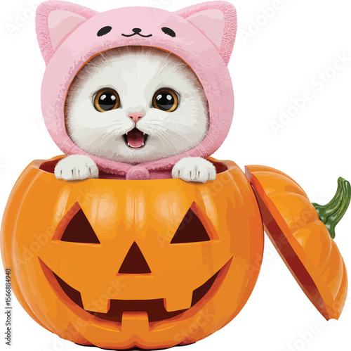 Whimsical Cat in Pumpkin: A charming illustration features a delighted cat, dressed in a playful outfit, nestled inside a jack-o'-lantern, ready for trick-or-treating.