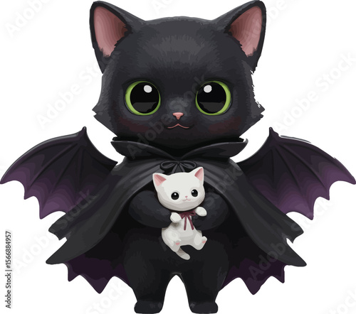 Whimsical Halloween Cat: A charming illustration of a black cat dressed for Halloween, complete with bat wings and a cape, holding a smaller white kitten, embodying cuteness and festive spirit.
