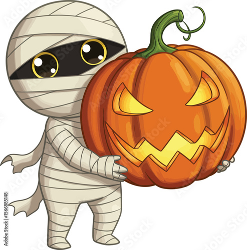Halloween Mummy & Pumpkin: A friendly mummy clutches a carved pumpkin, radiating a whimsical charm suitable for Halloween festivities. The character's soft.