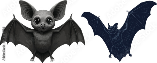 Charming Bat Duo: Captivating, digitally rendered illustration featuring two bats, one cute and cartoonish, the other rendered with detailed realism, evokes a sense of whimsy and wonder.