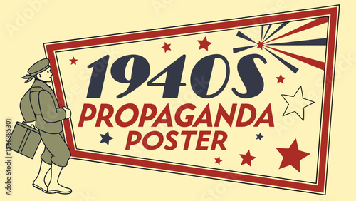 1940s propaganda poster, vintage retro style, bold text, red and blue colors, illustration of man with megaphone, textured paper background"
