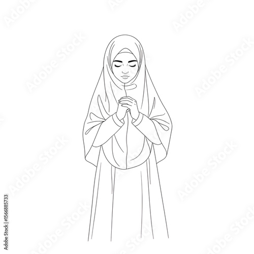 Muslim girl raising hands for dua, spiritual sketch illustration
