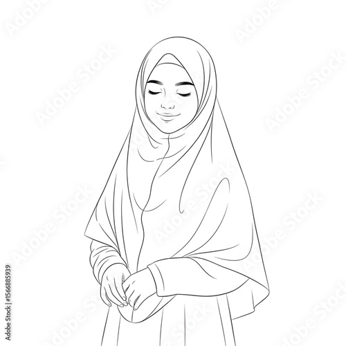 Calm muslim woman in hijab looking forward, line vector art
