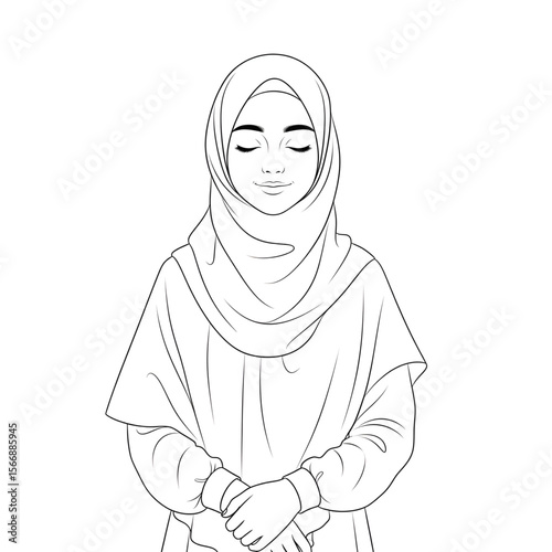 Happy muslim girl in hijab smiling forward, minimalist sketch
