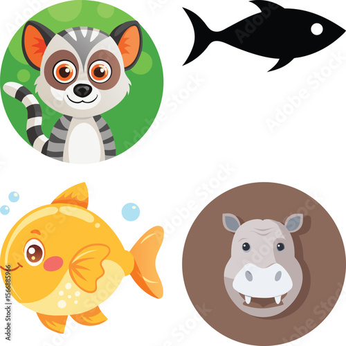 Art of cartoon raccoon, fish, and hippo are isolated on white background