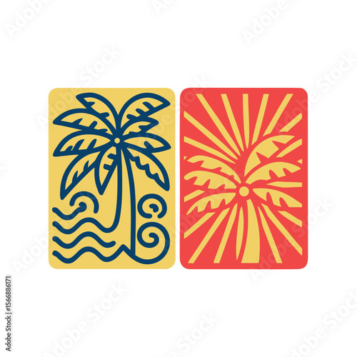 Two stylized palm trees with abstract waves and sun rays on a white background representing tropical beach vacation and summer travel destination
