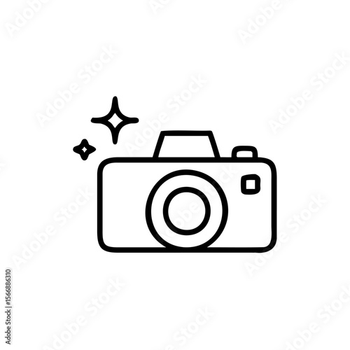 Handdrawn camera icon with lens two starburst sparkles on photography