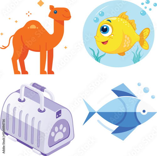 Adorable Animal Illustrations Camel, Fish, and Pet Carrier