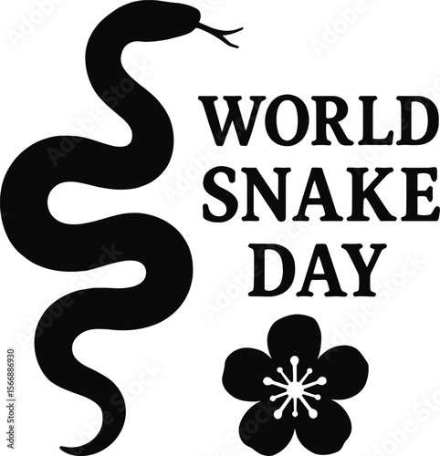 World Snake Day Illustration – Snake Silhouette with Text and Floral Symbol in Black Vector