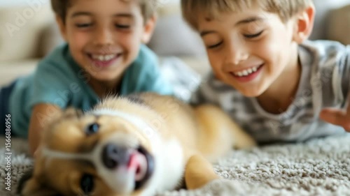 Two young boys delight in playful antics with their adorable mixed breed puppy, sharing laughter and love in a cozy indoor space, creating cherished memories together.