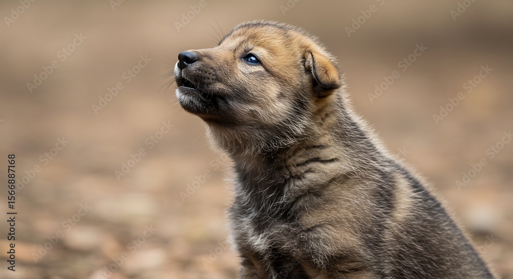 Fototapeta premium 小さな狼の子 柔らかな光に包まれ 好奇心いっぱい. AI Generated