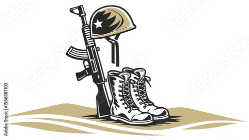 military boots, combat helmet, assault rifle, camouflage uniform, gritty realistic art, highly detailed, cinematic lighting, dramatic composition, grungy, war-torn setting, military equipment,