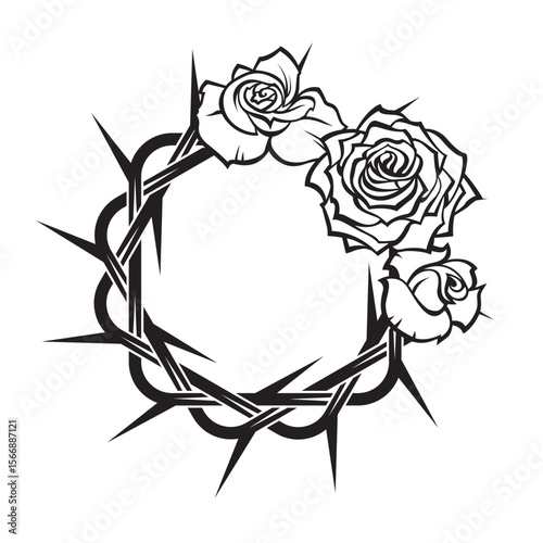 crown of thorns with bouquet of roses isolated on white background