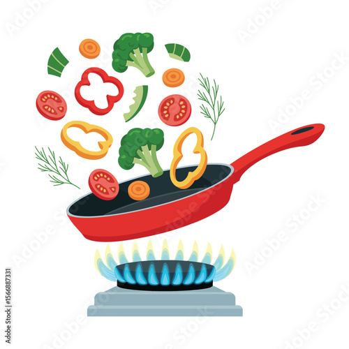 Fresh vegetables tossed in a frying pan over a gas stove flame