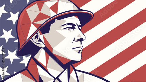patriotic american flag background, portrait of heroic military soldier, dramatic lighting, bold stylized illustration, retro vintage propaganda style
