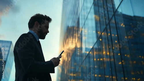 A businessman stands against a glossy skyscraper, deeply immersed in a phone conversation as warm hues of dusk illuminate the urban landscape, encapsulating a moment of dedication and focus.