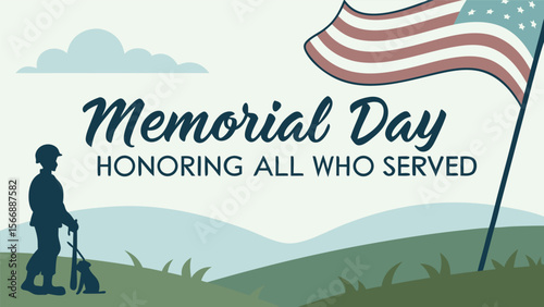 memorial day, silhouette of soldier walking, american flag, text "memorial day honoring all who served", rolling hills, clouds, patriotic, digital art

