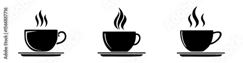 Coffee cup icon set. Cups of coffee tea collection. Hot drink icon. Disposable cup. Minimalist black coffee cup icon with steam, perfect for branding, menus, or digital products.