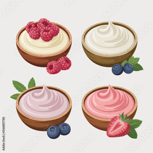 Four bowls of creamy desserts with fresh berries and mint leaves