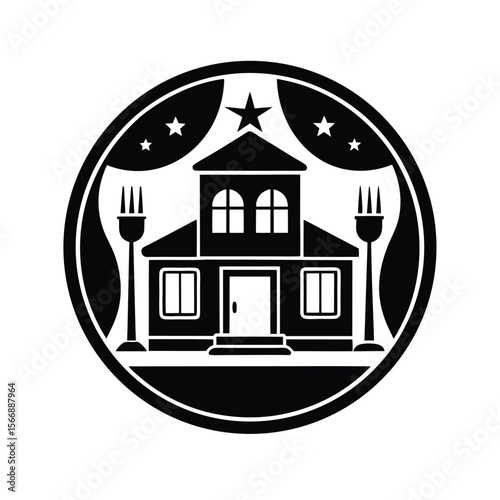 Vector Silhouette of Restaurant Building Icon with Stars and Spoon
