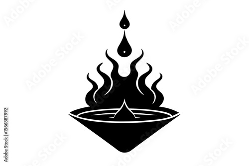 Sacred Fire Bowl Icon with Drop and Flame Silhouette