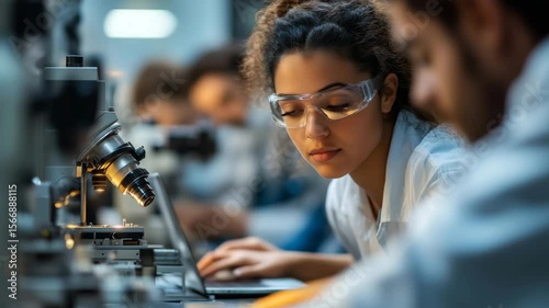 A diverse group of young engineers collaborates in a bright laboratory, deeply focused on projects involving advanced equipment and technology during a creative brainstorming session.
