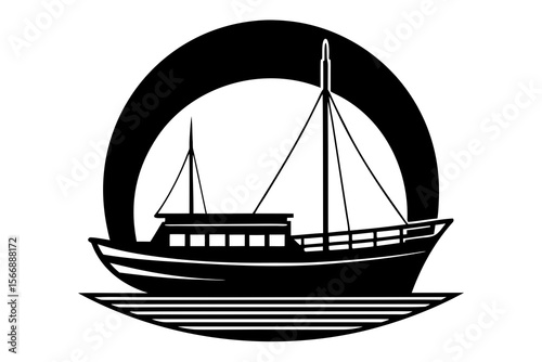 Fishing Boat Silhouette Vector Sea Sunset Icon