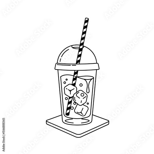 Refreshing Iced Drink in To-Go Cup with Straw and Ice Cubes on Coaster - Hand-Drawn Outline Vector Illustration for Summer Beverages, Cafe Menus, and Refreshment Concepts.