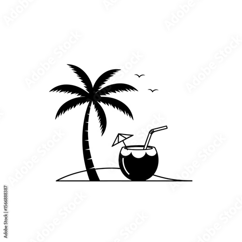 Silhouette of palm tree coconut drink and birds on white background