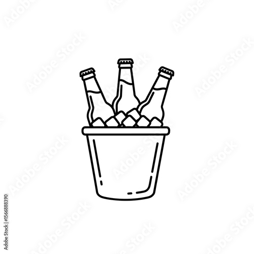 Three beer bottles in an ice bucket outline on a white background