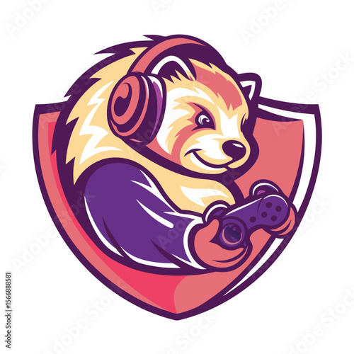 Cute raccoon mascot wearing headphones and holding a controller, stylized design in a shield shape