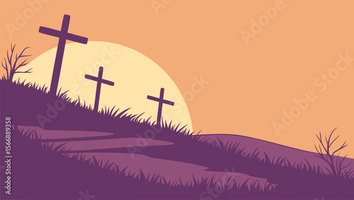 landscape, hilly field, three crosses, sunset sky, silhouetted trees, peaceful, tranquil, minimalist, muted colors, digital art
