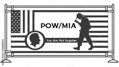 black and white image, military silhouette, american flag, pow/mia, you are not forgotten, vintage style, high contrast"

