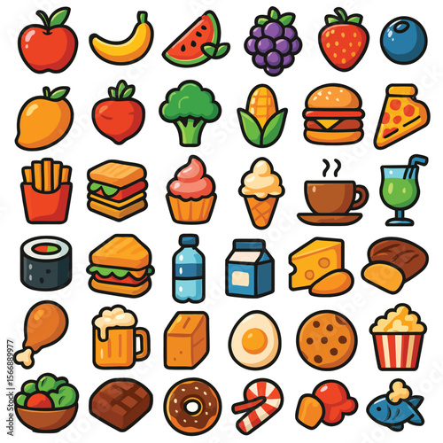 Collection of cute cartoon food and drink icons on a white background for design