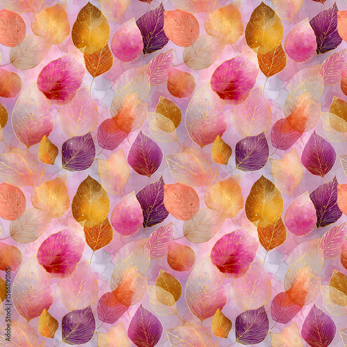elegant watercolor seamless pattern with  autumn leaves in pink and gold tones
