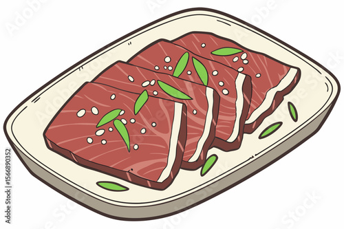 Sliced raw beef with sesame seeds and green garnish sliced meat food