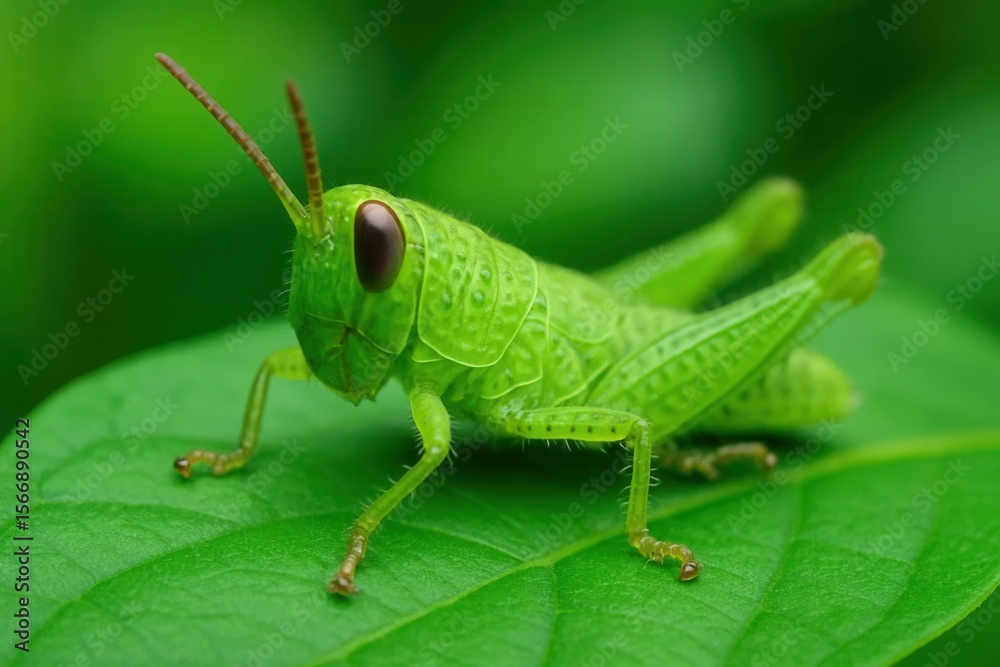 Riga, Latvia 05-09-2024 A lone green grasshopper explores the verdant expanse of a leafy backdrop Riga, Latvia 05-09-2024 A lone green grasshopper explores the verdant expanse of a leafy backdrop