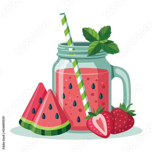Refreshing watermelon strawberry smoothie in a mason jar with mint garnish