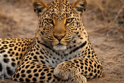 Riga, Latvia 05-09-2024 A leopard is sitting on the ground with its eyes open