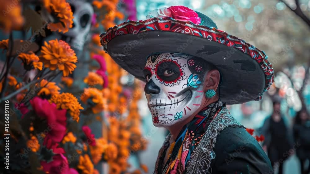 A person dressed in traditional Mexican clothing and wearing a colorful sombrero, perfect for cultural events or themed parties