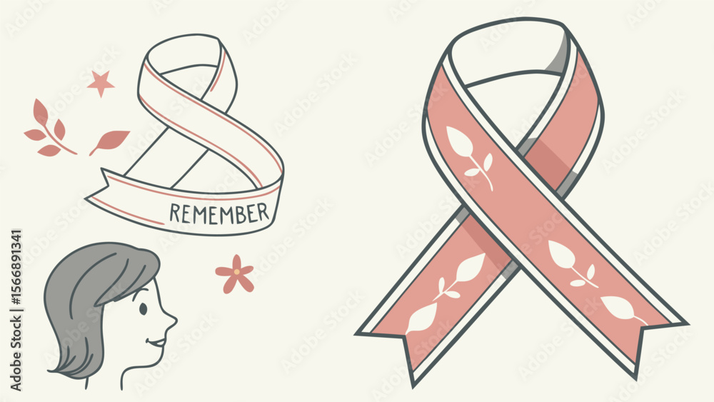 Fototapeta premium illustration, vector art, ribbon symbol, awareness ribbon, pink and white ribbon, female silhouette, medical symbol, healthcare symbol, charity symbol, digital art 
