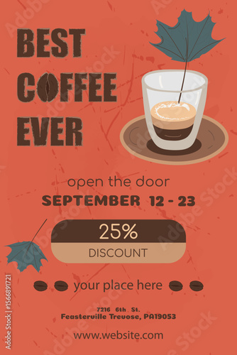 Retro style poster with lettering for coffee shop. Vector image of a glass of ristretto coffee and autumn leaves