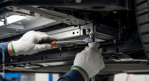Mechanic meticulously works under a vehicle, carefully tightening bolts with precision tools. The underside of the car is visible, showcasing intricate mechanical details.